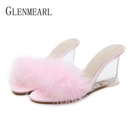 Women Slippers Fur Summer High Heels Woman Sandals Wedges Crystal Transparent Mules Brand Wedding Shoes Plus Size Y200423