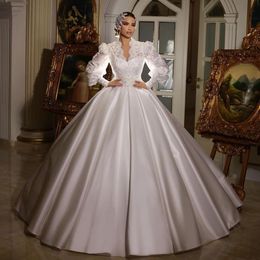 Elegant Royal Ball Gown Wedding Dresses Long Sleeves Lace Top Robe Mariage Handmade Satin Vestido De Novia