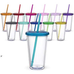 Clear 16oz Acrylic Tumblers Matte Coloured with Lids and Straws Double Wall Plastic Tumblers with Straw by sea LLB14278