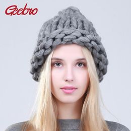 Women Winter Warm Beanies Hat Handmade Thick Knitted Coarse Lines Cable Hat Candy Color Crochet Caps Female Beanie Hats