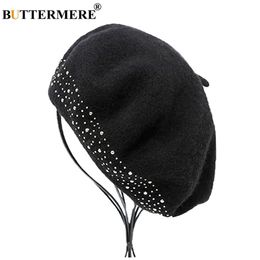 BUTTERMERE Wool Beret Cap Women Black Rivet Artistic Hats Ladies French Beanies Elegant Soft Female Autumn Winter Painters Caps Y200102 s