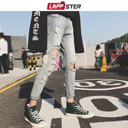 LAPPSTER Skinny Jeans Men Ripped Hole Streetwear Mens Distressed Jeans Slim Fit Male Fashion Designer Blue Denim Pants 201111