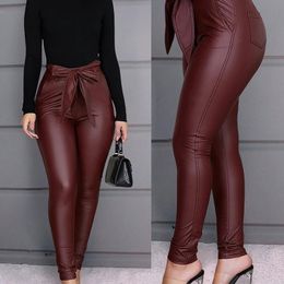 Women Pu Leather Leggings High Waist Bow Sashes Office Ladies Casual Pants Elegant Stretch Slim Pencil Trousers S-3XL R50801 201031