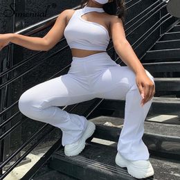 Simenual One Shoulder Fitness Casual Two Piece Sets Women Crop Top And Side Zipper Pants Outfits Sleeveless Workout Matching Set T200607