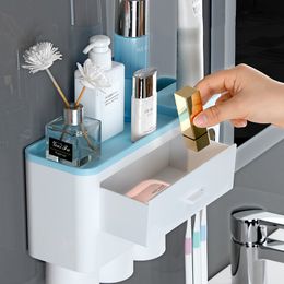 Magnetic Cup Wall Mount Toiletries Storage Rack New Toothbrush Holder Automatic Toothpaste Dispenser Bathroom Set Accessories LJ201204