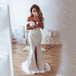 Boho Mermaid Wedding Dress 2021 Front split Off The Shoulder Sexy Bridal Gown V Neck Wedding Bride Gowns Vestidos De Novia