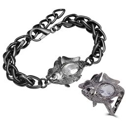 -Hiphop Big Chain Bracelet Anel Conjuntos Grande Peixe Animal Design Clear Crystal Fresco Arma Preto 2 Pcs Conjuntos de Jóias para Mulheres