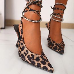 Women's Leopard Print Sandals Ankle Strap Shinestone Slingback High-heeled Muller Shoes Summer