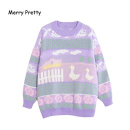 MERRY PRETTY Cartoon Duck Embroidery Knitted Sweaters Winter Thick Warm Harajuku Jacquard Sweater Women Femmf Knit Pullover 201130