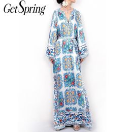 GETSPRING Women Dress Summer Maxi Dress Print Chiffon Dresses V Neck Long Sleeve Loose Split Bohemia Boho Floral Plus Size Free T200320