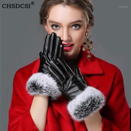 Five Fingers Gloves Touched Screen PU Leather Women Waterproof Faux Fur GuantesThick Warm Winter Christmas Gifts1