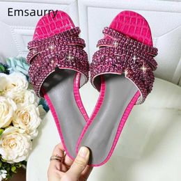 Sexy Summer 2020 Rhinestone Runway Slippers Women Genuine Leather Stone Grain Flip Flops Crystal Flat Shoes Woman1