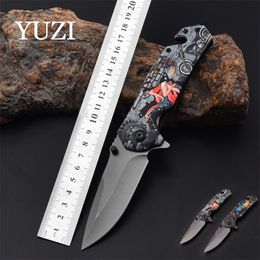 YUZI High Quality Steel 440c Defensive Tactical Pocket Knife Folding Black Blade Knives Camping Survival Hunting Tool Steel Handle