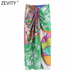 Zevity Women Vintage Cloth Patchwork Floral Print Knotted Sarong Skirt Faldas Mujer Female Back Zipper Chic Slim Vestidos QUN790 220216