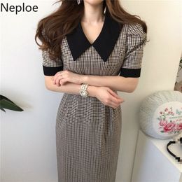 Neploe Korean Chic Contrast Colour Patch Houndstooth Plaid Dress High Waist Hip Split Design Vestido Slim Fit Long Ropa New 49075 LJ200812
