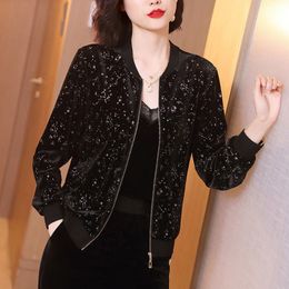 Casual print loose long-sleeve gold velvet short coat spring zipper cropped Jacket women fashion wild black cardigan 201023