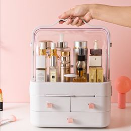 Dressing Table Makeup Organizer For Cosmetic 360° Rotation Acrylic Clamshell 3 Drawer Mirror Storage Box Lipstick Jewelry Holder Y200111