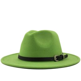 Men Women Wide Brim Wool Felt Fedora Panama Hat with Belt Buckle Jazz Trilby Cap Party Formal Top Hat In Pink green 56-60CM234p