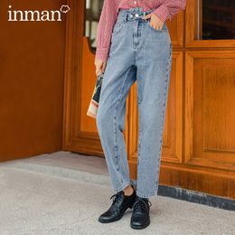 INMAN Autumn New Arrival Retro Style Personality Trousers Mid-waisted Loose Cotton Washed Jeans 201105