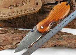 1Pcs Top Quality 6 Inch Damascus Pocket Folding Knife VG10 Damascus Steel Blade Rosewood handle EDC Knives With Leather Sheath