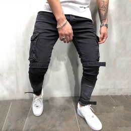 American men's jeans overalls Slim pocket zipper feet pants youth denim trousers 2021