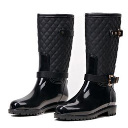 Hot sale-Fashion Women Mid-calf High Heels Rain Boots Slip-On Waterproof Low Solid Size Chunky Heel Design Buckles Shoes