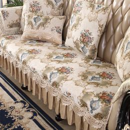 Retro Chenille Lace Sofa Cover 1 2 3 Seater Floral Leather Couch Slipcover Protector Armrest Chair Cover Anti-slip European LJ201216