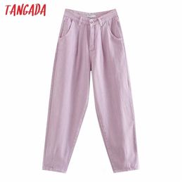 Tangada women violet Chic mom jeans pants new arrival long trousers pockets zipper loose casual female denim pants 4M108 201223