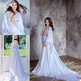 Lavender Women Bathrobe Nightgown Silk Lace Sleepwear Bridal Robe Bridesmaid Bride Gowns Winter Kimono Pregnant Photoshoot Dress