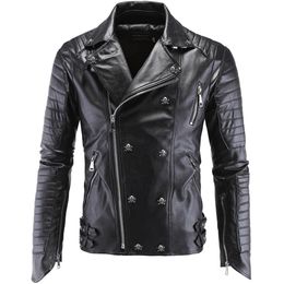 Autumn Winter Leather Jackets For Men Cow Skin Men Leather Fashion Slim Ghost Print Casual High Street Style Long Sleeve Coat LJ201030