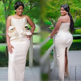 African Plus Size Evening Gowns Sexy Strapless Zipper Abck Back Split Prom Dresses Aso Ebi Formal Party Dress Robe Party Wear