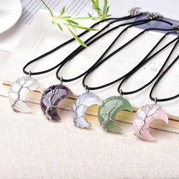 -Pingente de cristal natural Árvore da Lua, Forma Reiki polido Mineral cura jóias de pedra para homens mulheres pendant presente