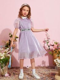 Girls Letter Tape Waist Puff Sleeve Mesh Dress SHE