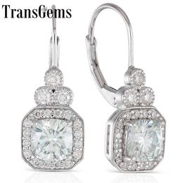 Transgems 2.64CTW Center 6X6mm Cushion Cut Halo Moissanite Hoop Earrings with Accents Silver Y200620