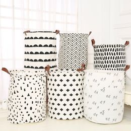 Storage bucket folding laundry basket cotton linen waterproof geometric black and white sheets dirty clothes storage box L0508 LJ200821