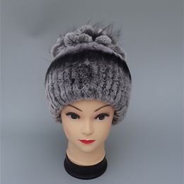 New Knitted genuine natural REX rabbit fur hat cap headgear headdress women warmer skullies Wholesale Y201024