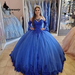 Princess Arabic Royal Blue Quinceanera Dresses 2021 Lace Applique Beaded Sweetheart Prom Dresses Lace-up Sweet 16 Party Dress301A