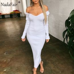 Nadafair Midi Sexy Off Shoulder Dress Long Autumn Winter Long Sleeve Red Black White Knitted Sweater Bodycon Dress Women Y0118