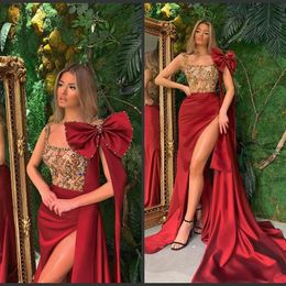 Elegant Evening Dresses Scoop Neck Lace Beads Sexy High Side Split Prom Gowns Custom Made Backless Sweep Train Special Occasion Dress