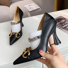 High quality womens formal shoes designer fashion pointed leather heel thin decorative buckle non slip womens original packing box size 35-41