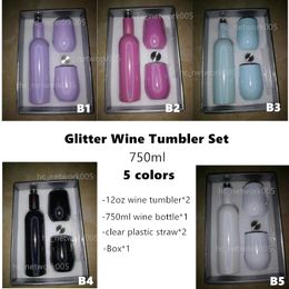 750ml sublimation glitter wine tumbler set Stainless Steel wine Bottles with two 12oz wine tumblers best gift souvenir set sea shipping