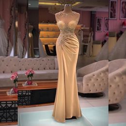 Sheer Neckline Crystal Evening Dress Side Split Prom Gowns Beading Pleat Sequin Slim Party Celebrity Dresses