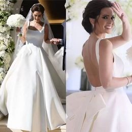 Modern White Ivory Satin Wedding Dresses Bridal Gowns Sexy 2022 Backless Square Neck Straps Sweep Train Custom Made Plus Size Vestido De Novia