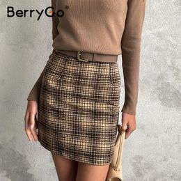 BerryGo Elegant women skirt Autumn winter vintange short skirt Leisure plaid high waist warp summer skirt office lady 201111