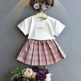 Gooporson Summer Little Girls Clothing Set Letter Cat Embroidery Short Sleeve Shirt&plaid Skirt 2 Pieces Fashion Kids Outfits G220310