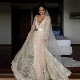 Boho Bride Gowns Champagne Glitter Two Pieces Wedding Dresses With Deatachable Coat Gold Sash 2022 Puff Long Sleeves V Neck robe de mariée