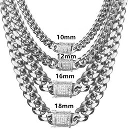 8/10/12/14mm Colour Never Fade Bling CZ Lock Stainless Steel Miami Cuban Link Necklace for Men Women Punk Curb Chain Necklace