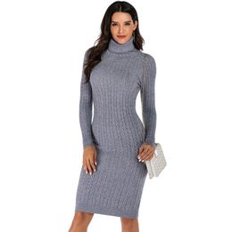 WIXRA Casual Turtleneck Dress Long Sleeve Knitted Dress Women Slim Bodycon 2019 Spring Autumn Winter Basic Dresses Y0118