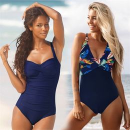 Plus Size One Piece Swimsuit Women Swimwear Solid Monokini Maillot De Bain Femme Bodysuit Female Bathing Suit Black Blue T200114