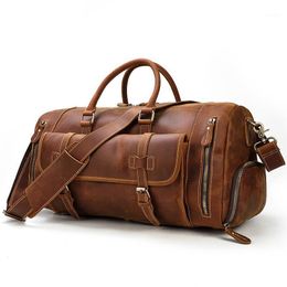 Duffel Bags Outdoor Crazy Horse Leather Travel Bag Men's Genuine Handbag Retro Shoulder Diagonal Luggage With Shoe PositionLD7731